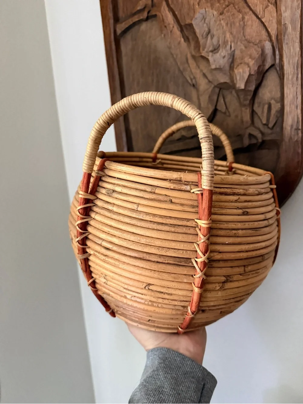 Vintage Rattan Coil Basket Double Handle Boho